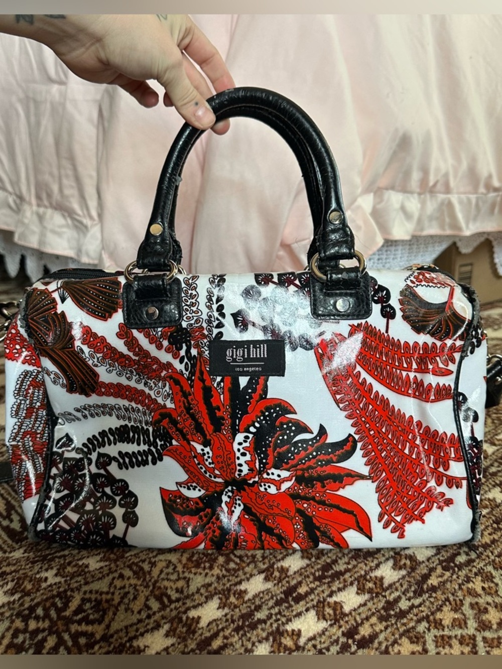 Gigi Hill Red Floral Patent Satchel with Black Handles with Matching Wallet